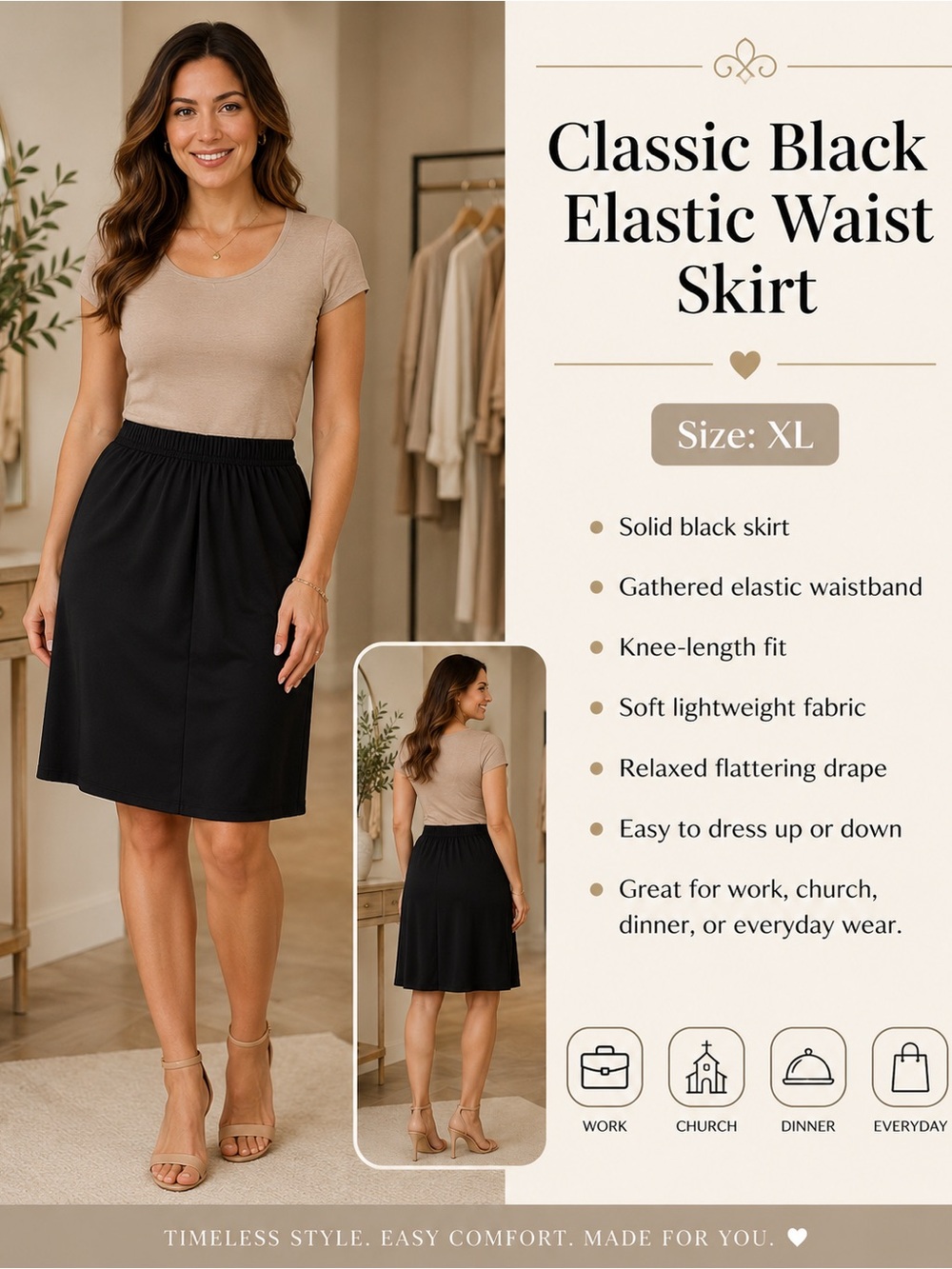 Classic Black Elastic Waist Skirt - Timeless Knee-Length